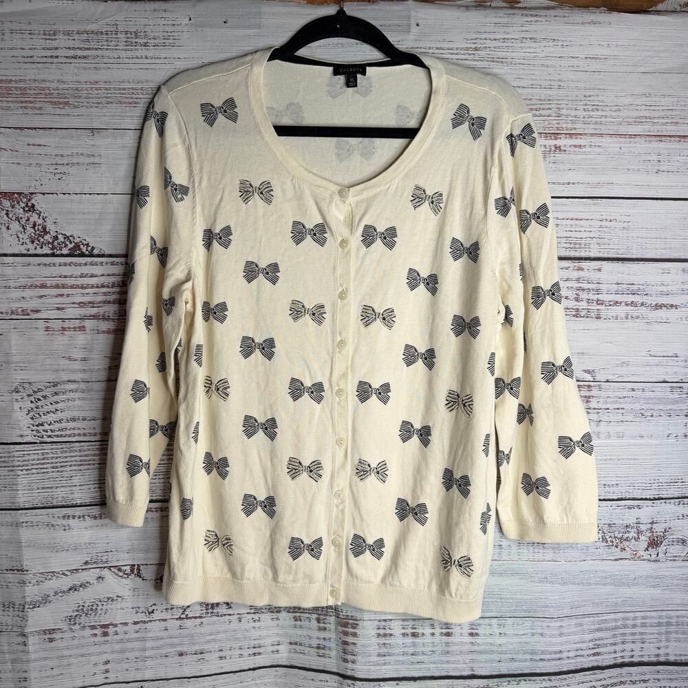 Talbots Bow Print Cardigan Sweater XL Ivory Button Front 3/4 Sleeve Soft
